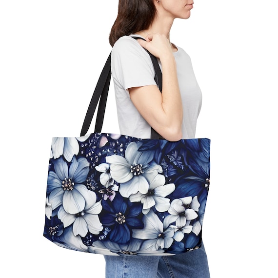 Large Weekender Flower Tote Bag with black strap