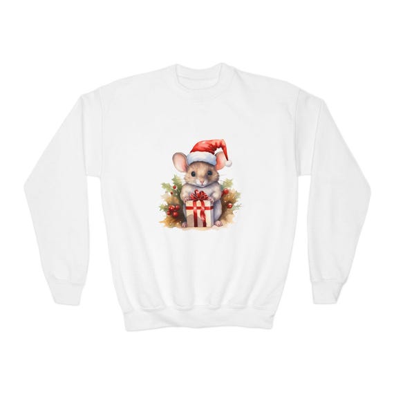 Christmas Mouse with Santa Hat Youth Crewneck Sweatshirt | Cute Holiday Chinchilla Design