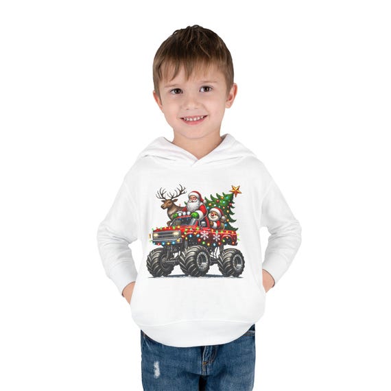 Monster Truck Santa Toddler Hoodie, Kids Christmas Sweatshirt, Winter Holiday Pullover, Boys Xmas Jumper, Festive Fleece Jacket