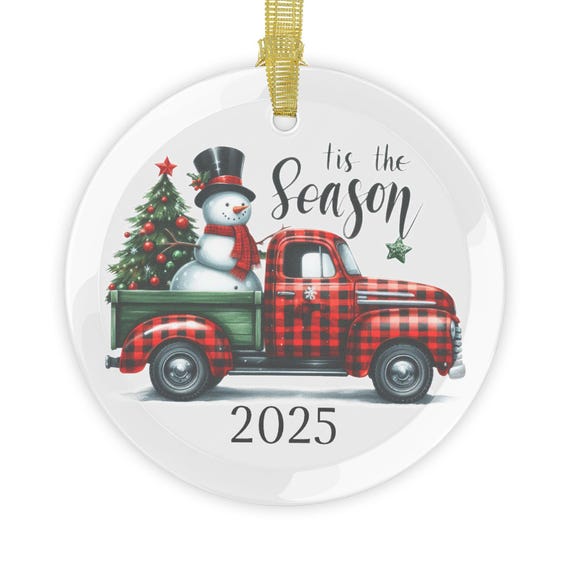 Glass Ornaments Snowman and Truck - Christmas Holiday Decor, Year 2024 Ornament, Festive Tree Decoration, Winter Home Accent, Seasonal Gift