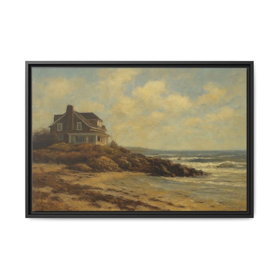 Canvas Wall Art, Coastal Seaside House Print, Beach Landscape Poster, Matte Framed Picture, Mothers Beach Decor, Kennebunk Maine, Nautical