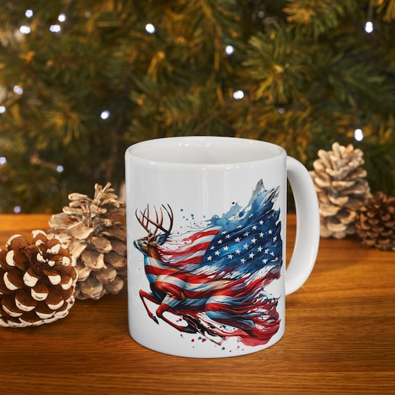 American Flag Deer Mug | Patriotic Deer Ceramic Mug, 11oz or 15oz