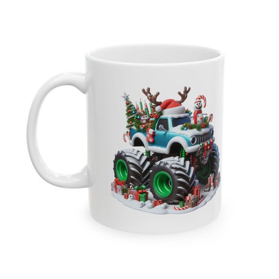 Christmas Monster Truck Mug | Candy Cane Santa Hat Holiday Truck