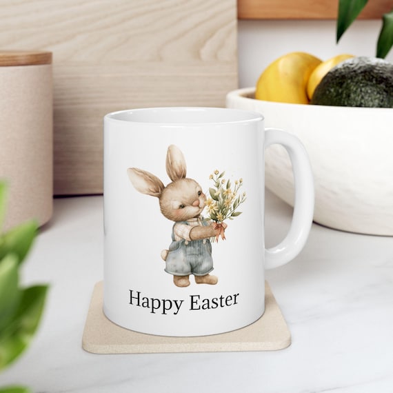 Happy Easter Bunny Ceramic Mug, Cute Easter Gift, Springtime Drinkware, 11oz 15oz, Bunny Lover's Mug, Flower Design