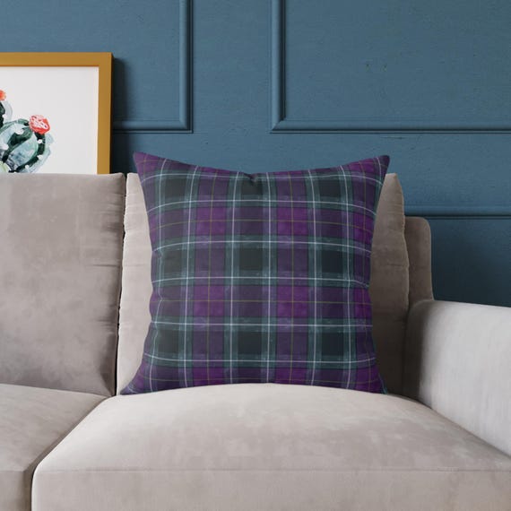 Purple Teal Plaid Square Pillow | Tartan Pattern Throw Pillow