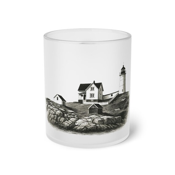 Nubble Lighthouse Sketch Frosted Glass Mug | York Coast Nautical Illustration