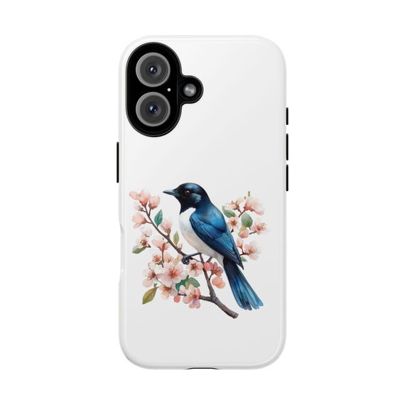 Floral iPhone Case, Blue Bird Phone Cover, Cherry Blossom Tough Cases, Protective Smartphone Shell, Hard Shell Floral Print, Nature Lover