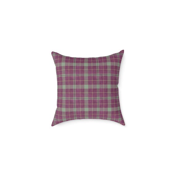 Plum Green Plaid Square Poly Canvas Pillow | Tartan Throw Pillow