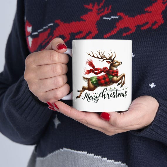 Christmas Reindeer Ceramic Mug | Holiday Gift for Coffee Lovers, Cozy Winter Decor, Hot Chocolate Mug, Funny Christmas Present, Cute - 11oz,
