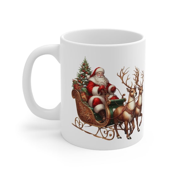 Festive Santa Sleigh Mug, Christmas Coffee Cup, Holiday Gift, Reindeer Design, Perfect for Hot Drinks, Merry & Bright