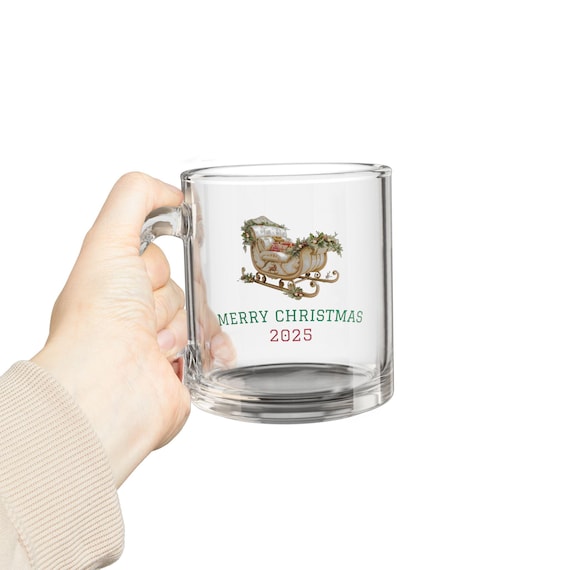 Christmas Glass Mug, 10oz | Holiday Decor Gift, Festive Drinkware, Unique Kitchen Mug with Sleigh and 2025 Year, Merry Christmas Gift, Warm