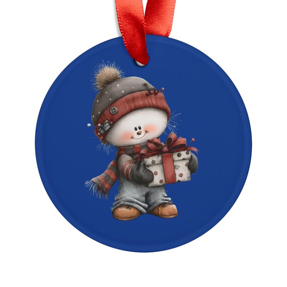 Snowman Holding Present Acrylic Ornament | Round Holiday Ornament