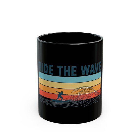 Ride the Wave Surf Retro Stripe Mug | Black Ceramic Coffee Cup