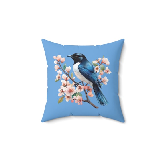 Decorative Pillow, Blue Floral Bird Square Cushion, Nature-Inspired Home Decor, Spring Gift, Throw Pillow, Bird Lover's Accent Pillow