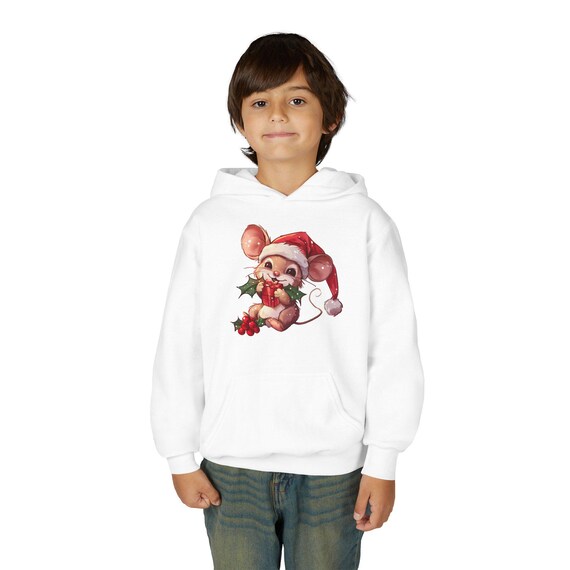 Christmas Mouse Kids Hoodie, Santa Hat Mouse, Holly Illustration, Cute Holiday Sweatshirt, Christmas Gift for Kids, Festive Children's