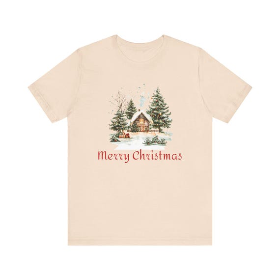 Cozy Winter Cabin Merry Christmas Tee | Christmas Shirt, Snowy Pine Trees
