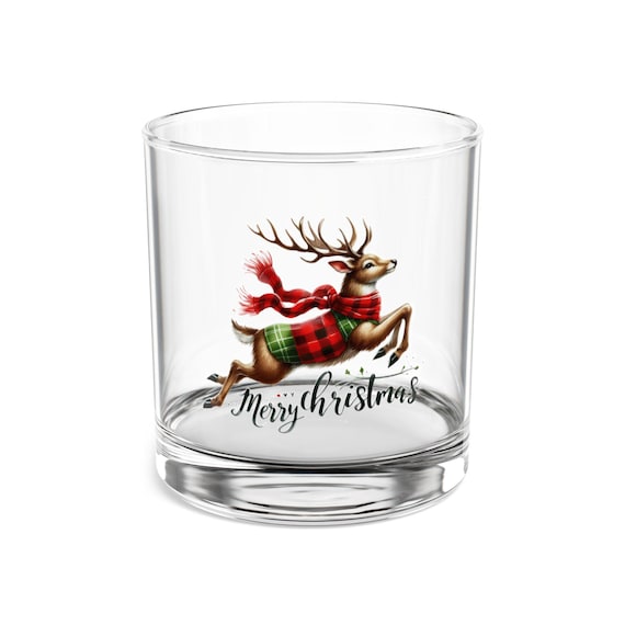 Christmas Reindeer Rocks Glass, Festive Holiday Entertaining Tumbler, Merry Christmas Party Decor, 10oz Whiskey Glass, Holiday Barware,