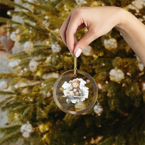 Glass Ornaments, Baby's First Christmas Teddy Bear Decoration, Holiday Ornaments, Christmas Tree Decor, New Baby Gift, Baby Keepsake,