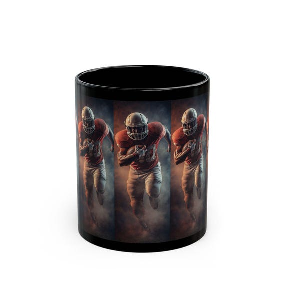 Running Football Player Mug | Black Ceramic Coffee Cup, Sports Team Coffee Mug