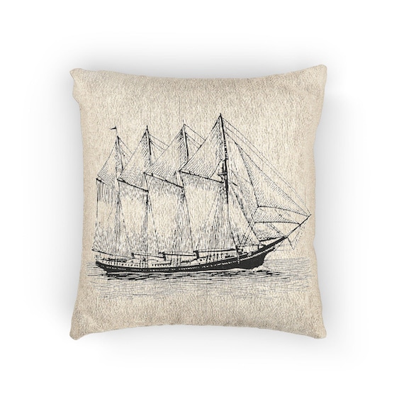 Vintage Sailing Ship Woven Pillow | Nautical Decor, Ship Illustration