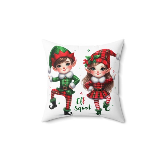 Christmas Elf and Reindeer Spun Polyester Pillow, Holiday Decorative Cushion, Xmas Throw Pillow, Festive Square Pillow, Santa's Workshop