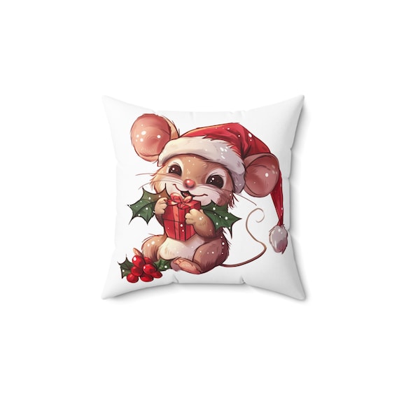 Christmas Mouse Square Pillow, Festive Holiday Cushion, Xmas Decorative Throw Pillow, Winter Season Accent, Holiday Home Decor