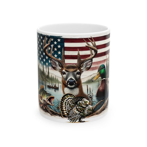 American Wildlife collage Deer Duck Turkey Fish Mug | Ceramic Coffee Cup