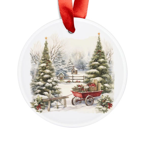 Acrylic Ornament: Winter Wonderland Country Scene with Ribbon | Christmas Tree Decoration, Holiday Gift, Keepsake, Handmade Home Decor