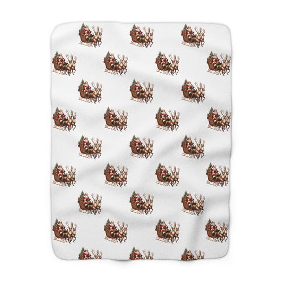 Vintage Santa Basket pattern Sherpa Blanket | Christmas holiday throw