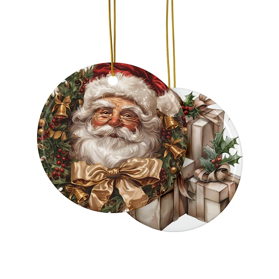 Christmas Santa Decorative Ceramic Ornaments, Double-Sided - Holiday Season Gift Tree Decoration, Set of 3, 5, 10 - Santa and Presents