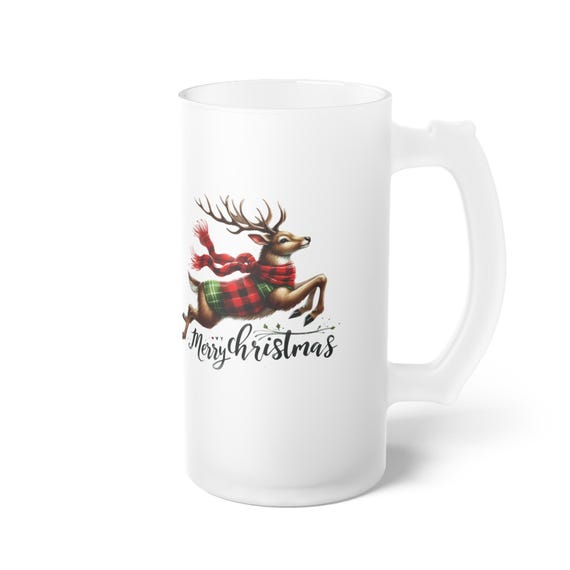 Christmas Reindeer Frosted Glass Beer Mug, Holiday Drinkware Gift, Festive Christmas Decor, Reindeer Mug, Christmas Beer Stein, Christmas