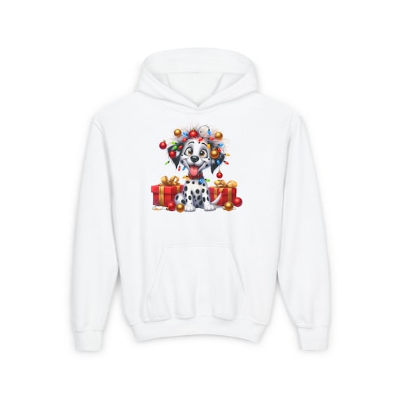 Funny Christmas Dog Youth Hoodie, Kids Holiday Pullover, Cute Xmas Puppy Sweatshirt, Festive Youth Jumper, Children Christmas Gift