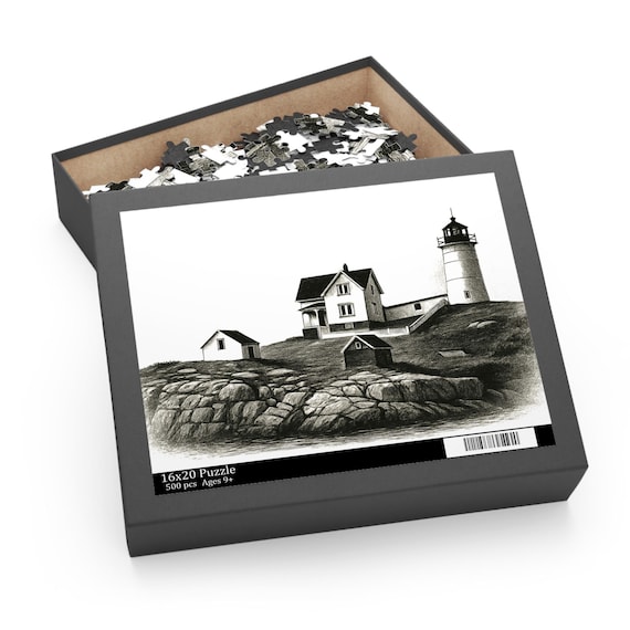Nubble Lighthouse Sketch Puzzle 120-500pc | Coastal York Maine Nautical Jigsaw