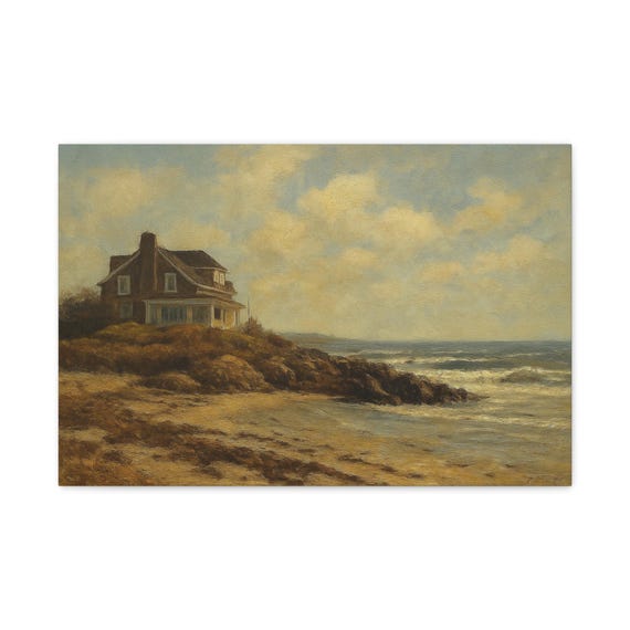 Canvas Wall Art, Coastal Cottage Seascape, Mother's Beach, Kennebunk Maine - Matte, Stretched, 1 25" - Home Decor, Ocean Art, Beach House