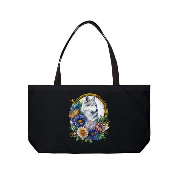 White Husky Portrait Weekender Tote Bag | Floral Frame, Boho Animal Art