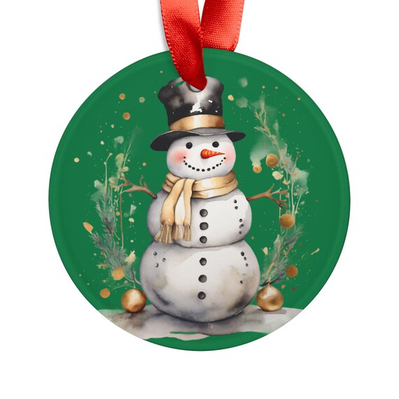 Acrylic Ornament, Snowman Illustration Round Holiday Decoration with Ribbon, Christmas Tree Ornament, Winter Home Decor, Festive Hanging