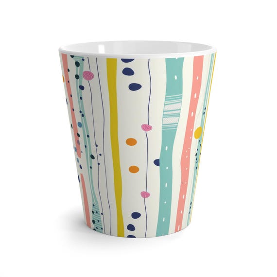 Colorful Abstract Stripes Latte Mug | Pastel Polka Dot Pattern