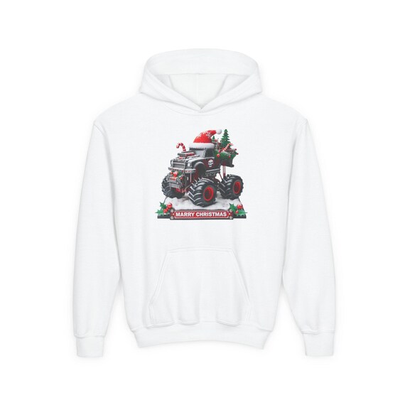 Santa Monster Truck Youth Hoodie | Christmas Tree Holiday Truck Kids Sweatshirt