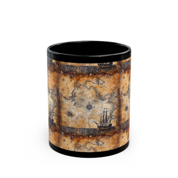 Vintage Map-Themed Black Mug, Perfect for Tea Lovers, Exploration Enthusiasts, Adventurers, Gift for Travelers, Unique Home Decor