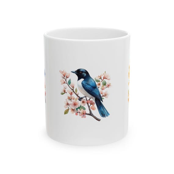 Botanical Bird Ceramic Mug | Floral Coffee Cup, Bird Lover Gift, Nature Inspired Drinkware, Unique Tea Mug, Eco-Friendly Gift
