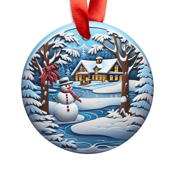 Snowman Winter Scene Acrylic Ornament | Round Holiday Decoration