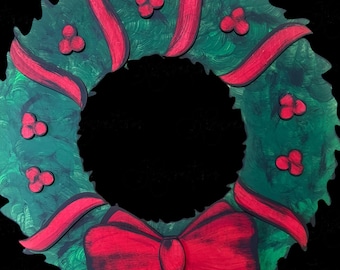 May include: A hand-painted Christmas wreath with a dark green base, red ribbons, and red berry clusters. A large red bow is at the bottom. The wreath is suspended by a natural twine.