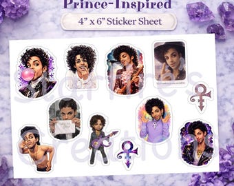 Cartela de adesivos de vinil inspirada no Prince – 10x15 cm, estilo retrô pop art, ideal para fãs de música (item físico)