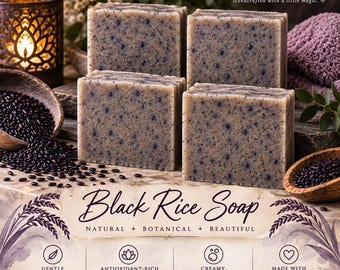 Conjunto de 4 Sabonetes de Arroz Preto | Escolha seus Aromas de Óleos Essenciais | Sabonete Esfoliante Artesanal | Sabonete Botânico Artesanal | Conjunto de Sabonetes Naturais para Presente