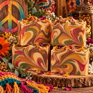 May include: Four rectangular bars of handmade soap featuring a swirling marbled pattern in shades of cream, brown, orange, green, and magenta. The soap bars have a textured top surface with gold-colored accents and are arranged in a stack.