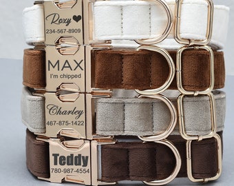 Collare per cani personalizzato, velluto in più colori, set di guinzaglio con fiocco, marrone, grigio, crema, fibbia in metallo con nome dell'animale domestico inciso, regalo per cuccioli di nozze