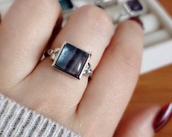 Real fluorite rings, minimalist gemstone ring, square rainbow fluor healing crystal rings for women men her friend gift for mom