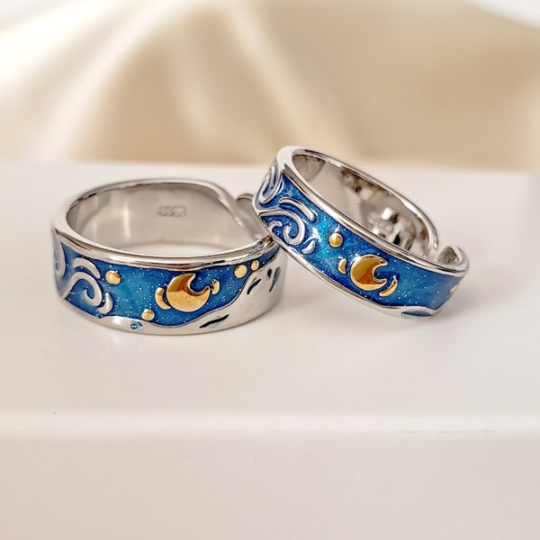 Van Gogh Sternenhimmel Ring, Passende paar Ringe, Versprechen Ring, Coole Breitband Ringe, Jahrestag Ring, Freundschaft Geschenk Für Sie Ihn