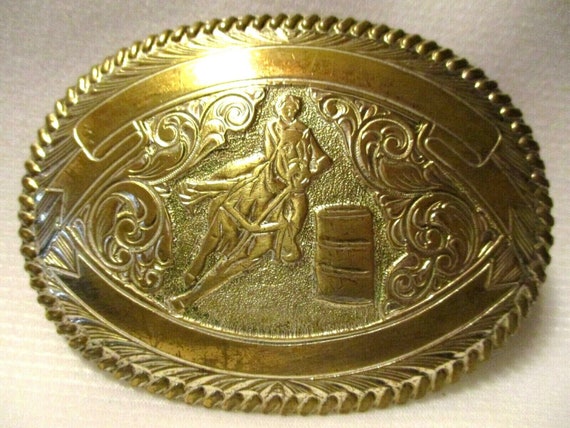 Beautiful CRUMRINE Jewlers BRONZE 2 BANNNER Barrel Racing Trophy Belt Buckle