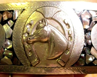 AWESOME Hand Made & Engraved with Lucky Horseshoe HORSE HEAD Alpaca Belt Buckle